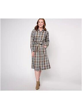 Joan Rivers Boyfriend Shirt Dress Size XXS Petite Button Up Plaid Gray Academia
